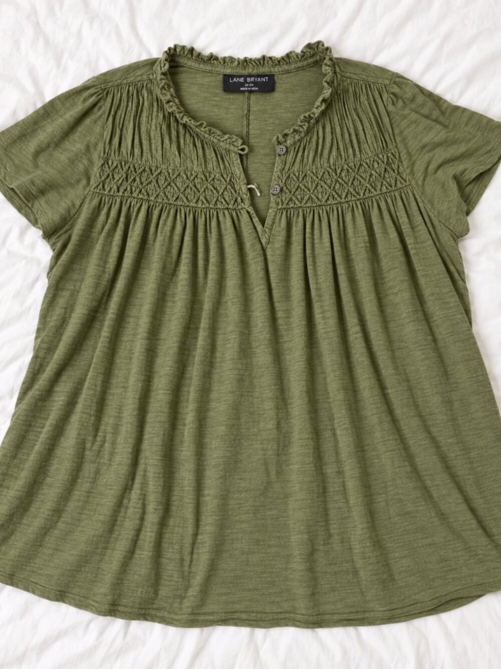 Lane Bryant 22/24 Olive Green Smocked Yoke Peasant Top Boho 3X